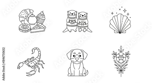 Delightful collection of six original black and white sketched drawings on a seamless background