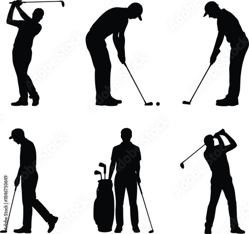 Golf player silhouette set showing swing, putting, walking poses, professional golfer action collection, isolated sports illustration on white background