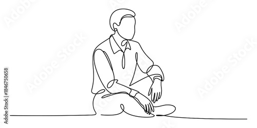 A continuous line art drawing of a man sitting comfortably on the ground Vector, illustration