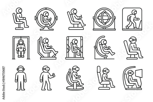 Set of 15 line icons: virtual reality simulations and activities