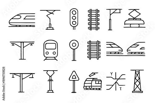 Collection of railway icons including trains and tracks illustrations
