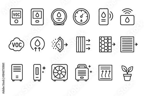 Air quality and filtration icons: voc sensors, humidity, purification, and ventilation