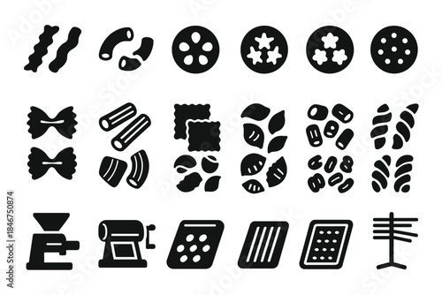 Icons of various pasta shapes and kitchen tools in black and white
