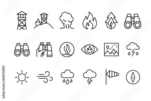 Wilderness exploration icons: watchtowers, nature, weather, navigation elements