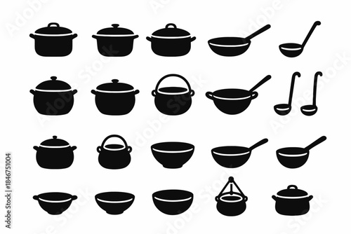 Silhouette icons of various cookware: pots, pans, bowls, and ladles