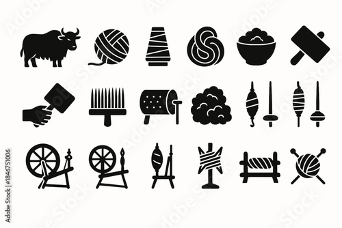 Set of black icons representing various yarn and spinning tools