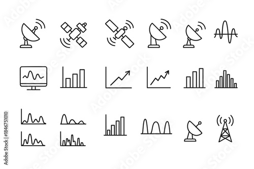 Minimalist icons of satellite dishes, waveforms, and graph charts