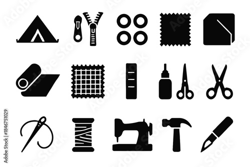 Sewing and crafting tools: fabric, scissors, needle, sewing machine, and more symbols