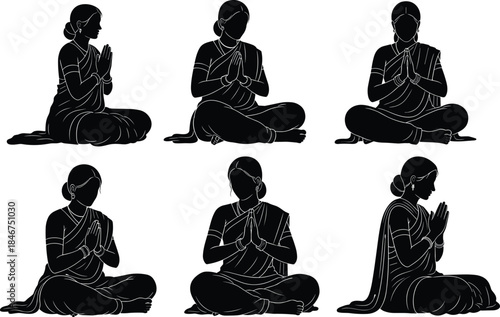 Set of Six Black Silhouette Women in Traditional Indian Saree, Sitting in Lotus Position, Hands in Prayer or Namaste Gesture, Isolated Vector Graphic for Meditation and Yoga.