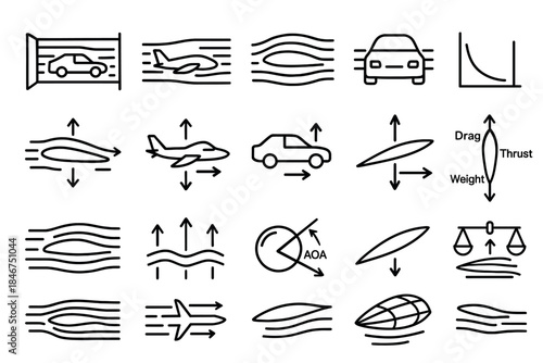Aerodynamics icons: cars, planes, and airflow diagrams