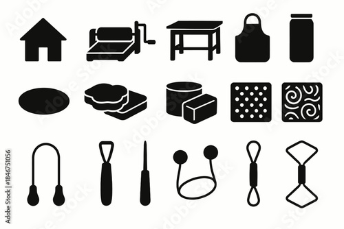 Black kitchen tool icons: home, table, jam jar, apron, pasta cutter, rolling pin
