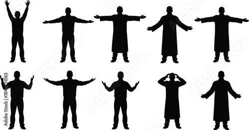 Set of Ten Black Silhouette Men in Various Poses, Including Arms Raised, Outstretched, and Wearing Robes, Isolated Vector Graphics for Freedom, Worship, or Openness Concepts.