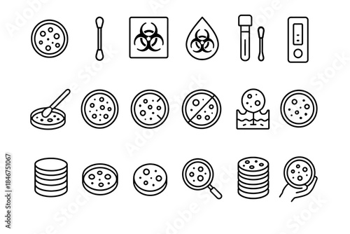 Outline icons of petri dishes, biohazard symbols, lab equipment, and testing tools