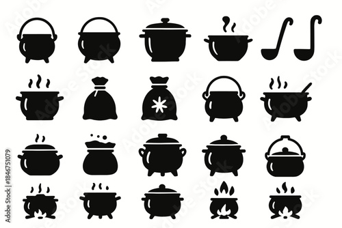 Black silhouettes of cooking pots and kitchen utensils collection