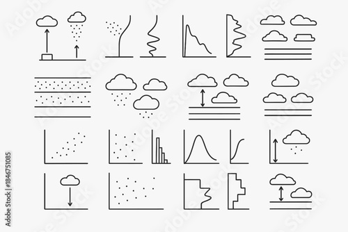 Collection of weather and data graph line icons depicting clouds, rain, and statistical patterns