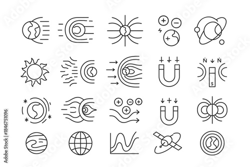 Science icons: energy, magnetism, atomic structures, and earth symbols