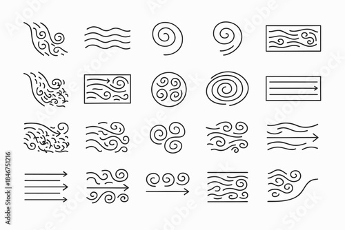 Collection of minimalist wind and wave icon designs exploring motion and fluidity