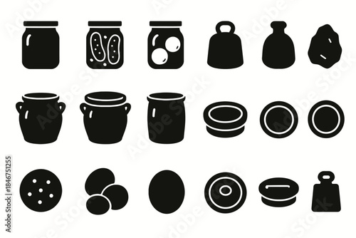 Silhouette collection of kitchen containers and weights on white background