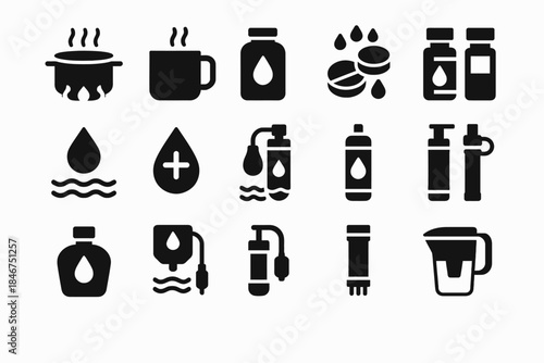 Black and white water purification and filtration icons set