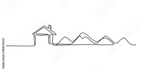 Continuous line drawing of a simple house integrated with a mountain landscape Vector, illustration