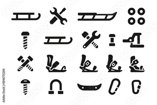 Winter sports icons: sled, snowboard bindings, carabiners, bolts, tools