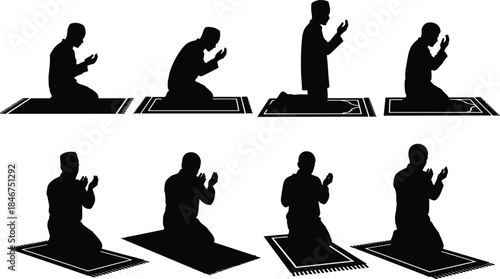 Silhouette of Islamic prayer poses on rug, black vector illustration for worship, spirituality, devotion, religion, culture, art, faith