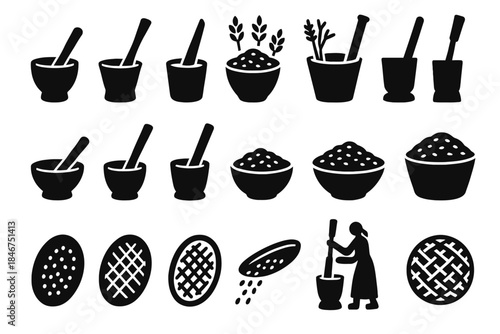 Black and white icons of mortar and pestle, rice, and grains