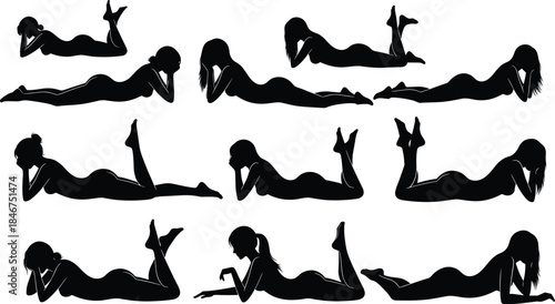 Silhouette of person lying down in various relaxed poses, black vector illustration for design, art reference, yoga, meditation, rest