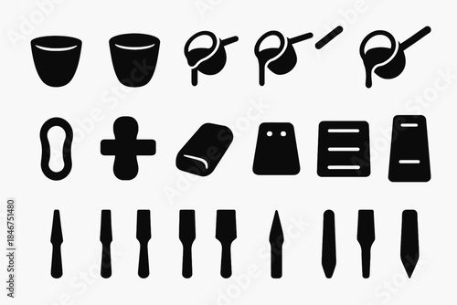 Collection of black silhouette icons of various tools and objects on white background