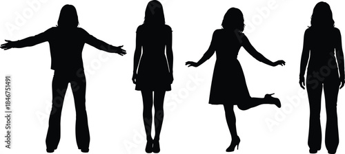 Silhouette people standing, diverse poses, fashion styles, body language, black figures, white background, artistic posture, gesture study, minimal design