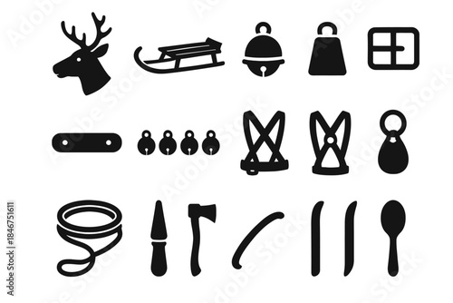 Icon set featuring sled, deer, bell, axe, cutlery, and more winter items