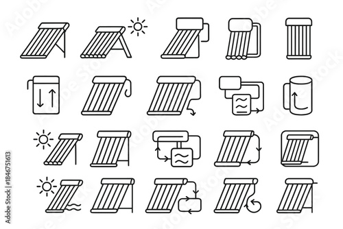 Set of solar water heater line icons showing various configurations and mechanisms