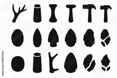 Silhouette icons of primitive tools and weapons