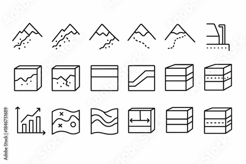 Geometric icons representing data analysis, geography, and statistics concepts