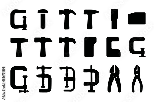 Silhouette collection of hand tools: hammer, pliers, clamps, and wrenches