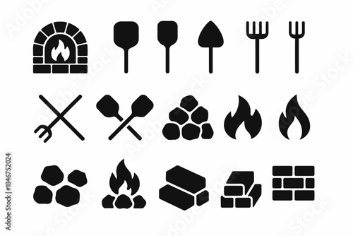 Pizza oven icons: tools, flames, and bricks in bold black silhouettes