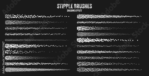 Ink scatter brush, stipple drawing and texturing. Fading gradient. Stippling, dotwork drawing, shading using dots. Halftone disintegration effect. White noise grainy texture. Vector illustration