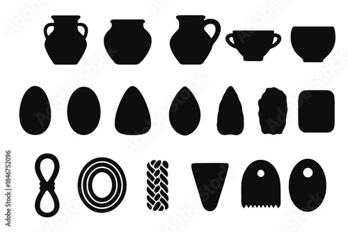 Silhouette collection of ceramic pots, stone tools, and pastry cutters