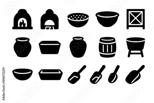 Collection of black kitchenware silhouettes: icons of ovens, bowls, jars, and scoops