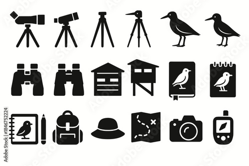 Bird watching equipment icons: binoculars, telescopes, birds, cameras, maps