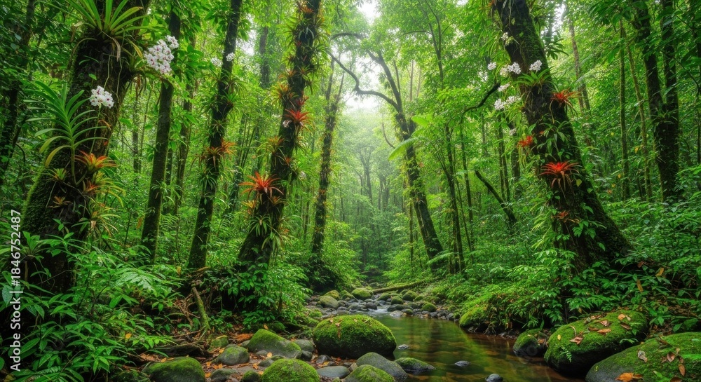 Fototapeta premium A lush, green tropical rainforest with a small stream flowing through it, surrounded by dense foliage and tall trees.