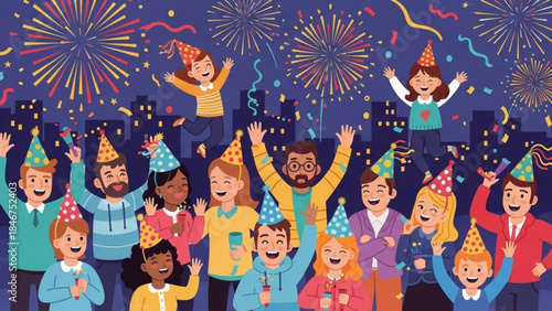 Diverse group of people celebrate new year's eve with fireworks at night