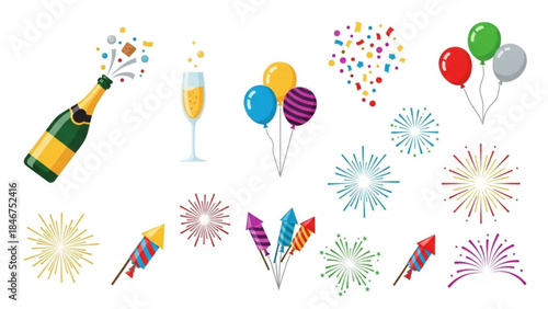 Colorful party celebration icons with champagne bottle, confetti, balloons, fireworks, and streamers