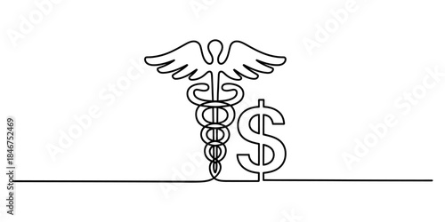 Single line art illustrating the connection between medicine and financial costs in healthcare Vector, illustration