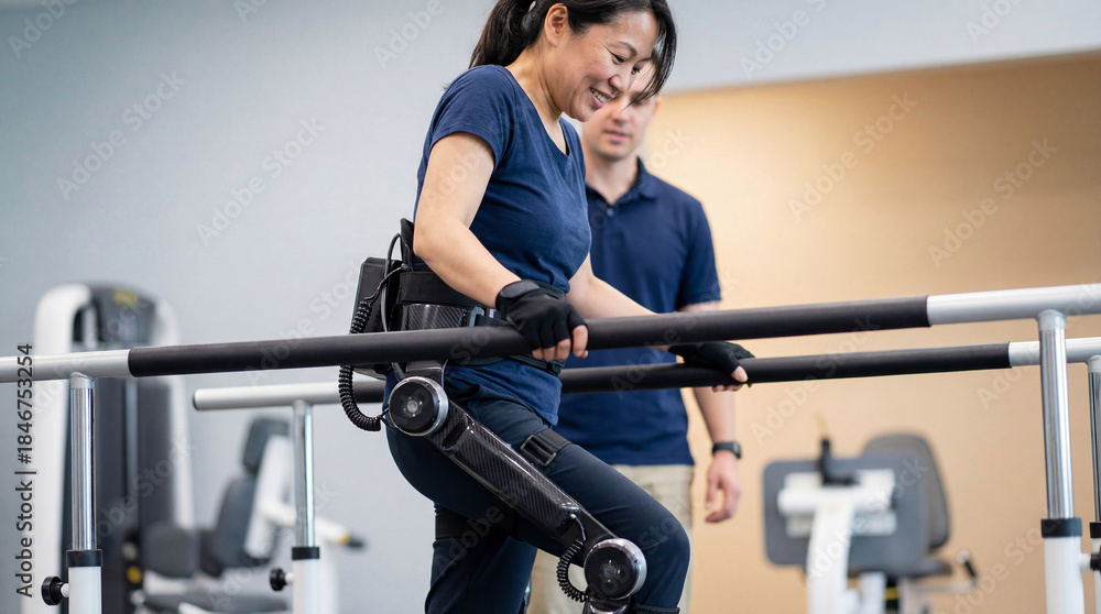 Fototapeta premium Smiling woman using robotic exoskeleton for assisted walking therapy under supervision in modern rehabilitation center