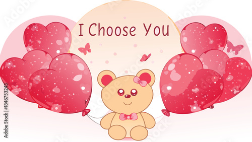 A cute teddy bear with red sparkling heart shaped balloons