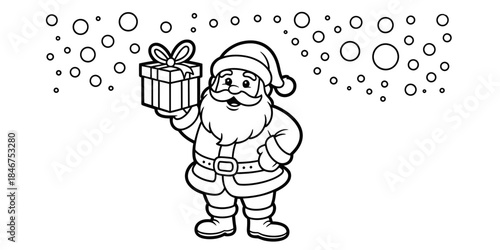 A jolly santa claus character in line art style holding a christmas gift box coloring page Vector, illustration
