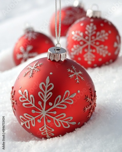 Red Christmas Ornaments Decorated with Snowflakes in the Snow