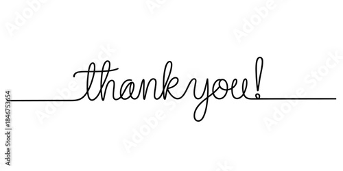 Continuous one-line art drawing of 'thank you!' in black on white background Vector, illustration