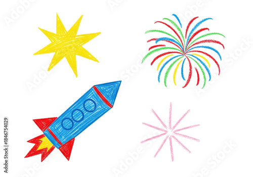 A set of primitive, high-fidelity textured crayon and chalk drawings of festive fireworks and a blue rocket isolated on a transparent background optimized for copy space. Concept of simple childhood
